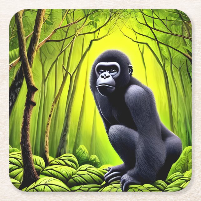Artsy Abstract Jungle Gorilla Square Paper Coaster (Front)