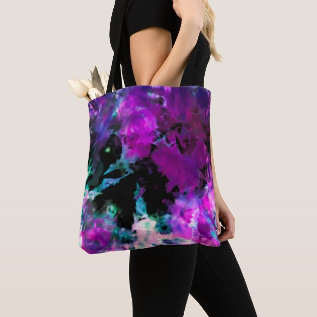 Artsy Abstract Modern Black Purple Tie Dye Tote Bag (Close Up)