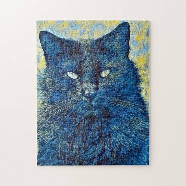 Artsy Black Cat in Blue Puzzle (Vertical)
