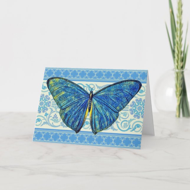 Artsy Blue Butterfly on Art Deco Pattern Card (Front)