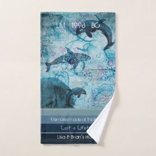 Artsy blue grey teal colour coastal custom text hand towel