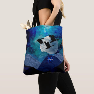 Artsy Blue Night Mountains Flying Geese Monogram Tote Bag
