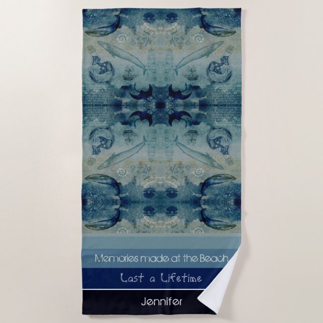 Artsy blue sand green colour coastal custom  beach towel (Front)