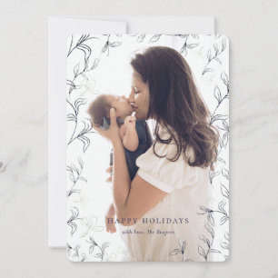 Artsy Blue Sketched Foliage Frame Photo Holiday Card