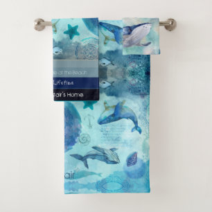 Artsy blue teal grey colour coastal custom  bath towel set