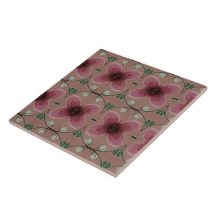 Artsy Burgundy Floral Pattern Ceramic Tile