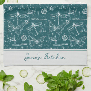 Artsy Chef's Kitchen Teal Blue Insect Drawing Towel