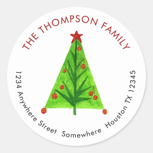 Artsy Christmas tree Return Name Address Classic Round Sticker (Front)