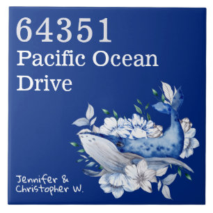 Artsy Coastal Custom House nr whale floral blue Tile