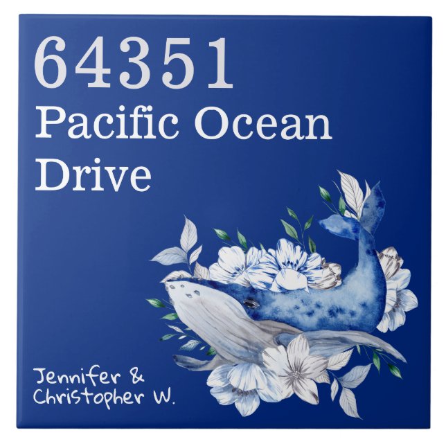 Artsy Coastal Custom House nr whale floral blue Tile (Front)