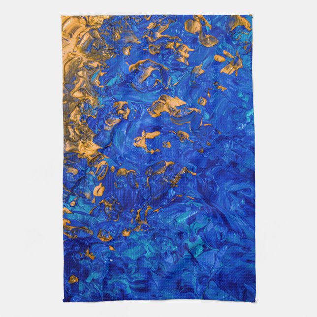Artsy Cobalt Blue Golden Yellow Acrylic Painting Kitchen Towel (Vertical)