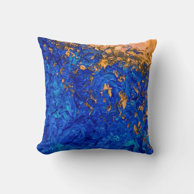 Artsy Cobalt Blue Golden Yellow Acrylic Painting Throw Pillow (Front)