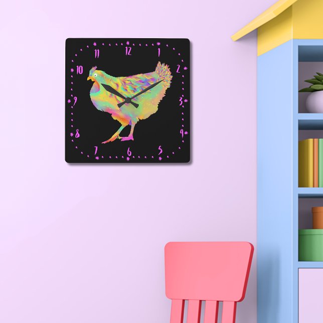 Artsy Colourful Dancing Chicken Funny Farm Hen Art Square Wall Clock (Colorful hen watercolor art wall clock for farm chicken lovers)