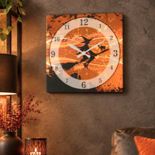 Artsy, Cool Flying Witch Silhouette Halloween Square Wall Clock