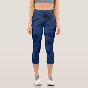 Artsy Cool Navy Blue Tie Dye Pattern Capri Leggings