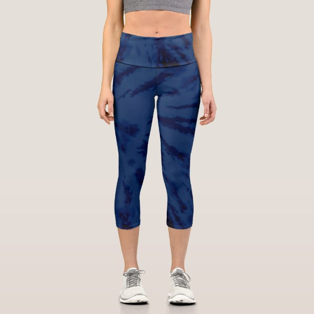 Artsy Cool Navy Blue Tie Dye Pattern Capri Leggings (Front)