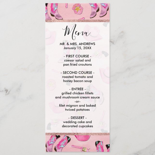 Artsy Cute Girly Pink Teal Cowgirl Watercolor Menu (Front)