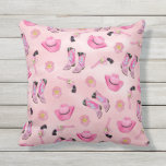 Artsy Cute Girly Pink Teal Cowgirl Watercolor Outdoor Pillow<br><div class="desc">Be a country cowgirl with this fun and playful design! It features a hand-drawn and hand-painted neon pink, bubblegum pink, mint green, and black watercolor cowgirl illustration pattern. These elements include cowboy hats cowgirl boots, revolver, and sheriff's badge on top of a pretty pink watercolor background. It's cool, unique, and...</div>