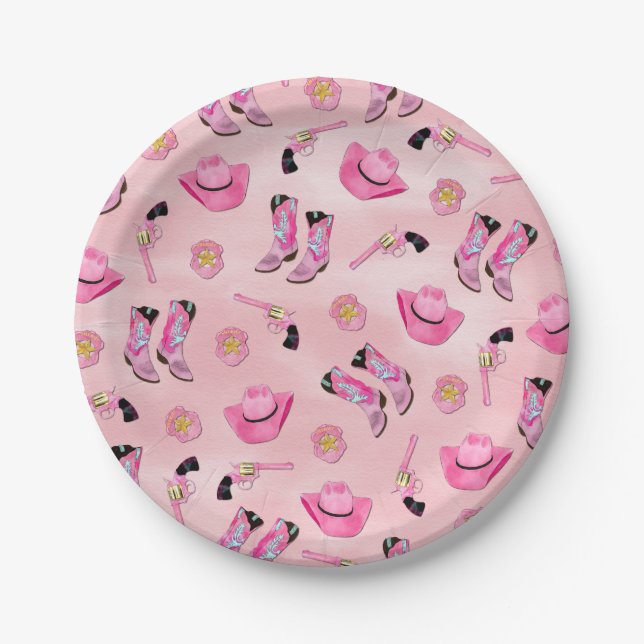 Artsy Cute Girly Pink Teal Cowgirl Watercolor Paper Plate (Front)