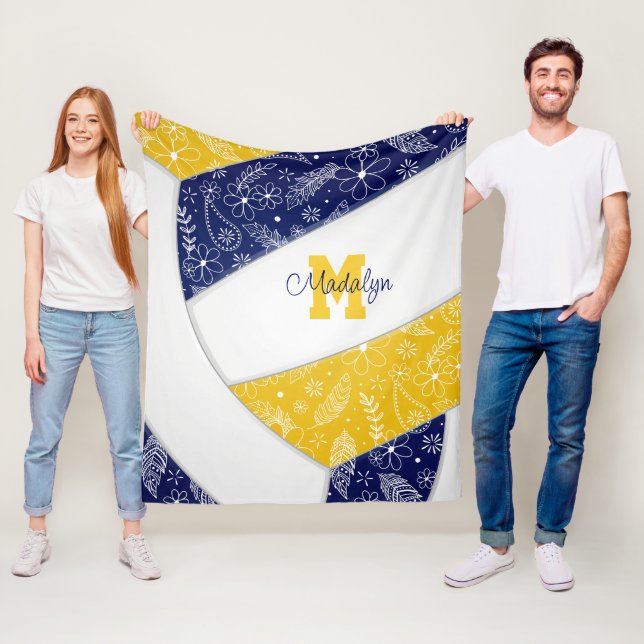 artsy doodle navy blue gold boho volleyball fleece blanket (In Situ)