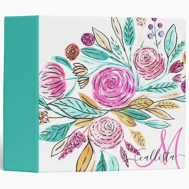 Artsy Elegant Pink Teal Floral Watercolor Monogram Binder (Front/Spine)