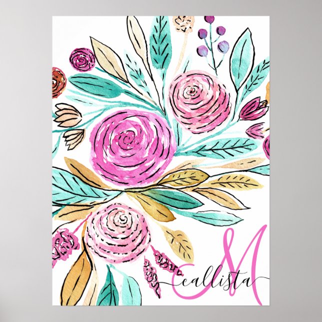 Artsy Elegant Pink Teal Floral Watercolor Monogram Poster (Front)