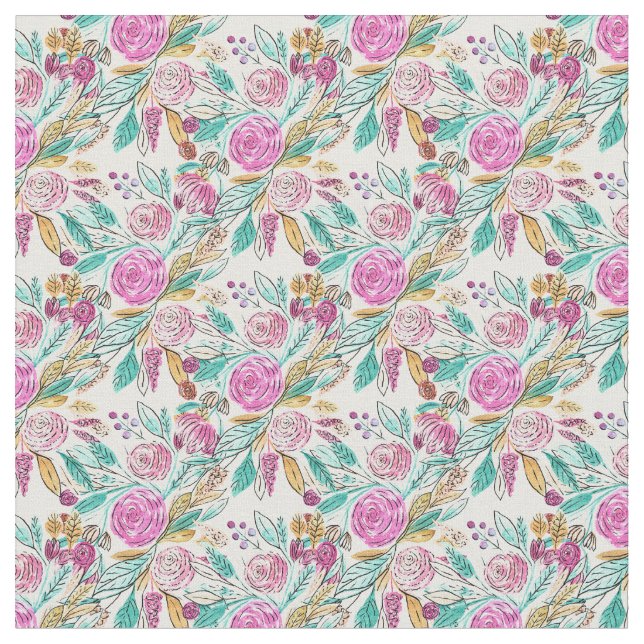 Artsy Elegant Pink Teal Floral Watercolor Pattern Fabric (Close Up)