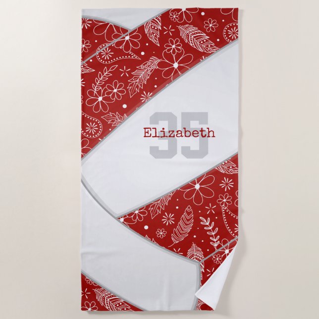 artsy floral paisley pattern red boho volleyball beach towel (Front)