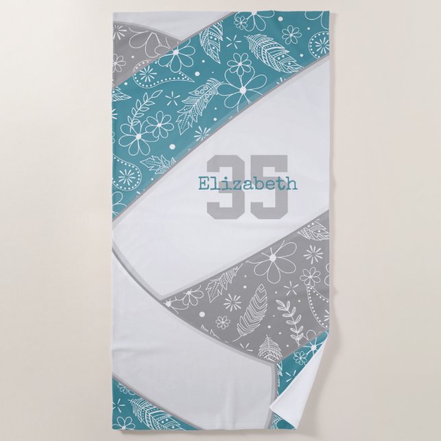 artsy floral paisley pattern teal grey volleyball beach towel (Front)