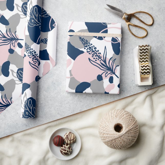 Artsy Flower Abstract | Navy Blue Blush Pink Grey Wrapping Paper (Crafts)