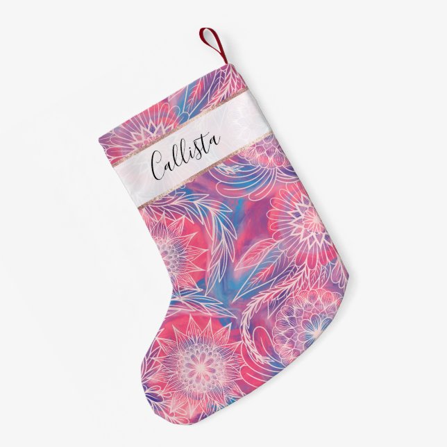 Artsy Girly Pink Blue Paint Floral Illustrations Small Christmas Stocking (Back (Hanging))