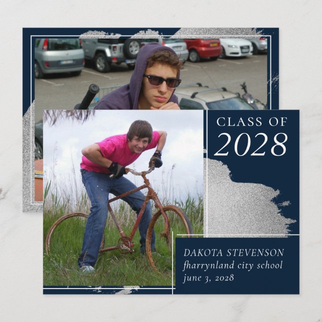 Artsy Graduation | Navy Blue Silver Splash 2 Photo Announcement (Front/Back)