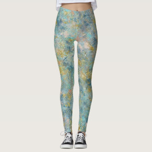 Artsy Green Blue Gold Abstract Leggings