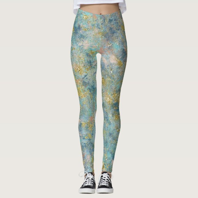 Artsy Green Blue Gold Abstract Leggings (Front)