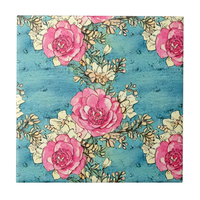 Artsy hand painted retro seamless Pink roses Blue Tile (Front)