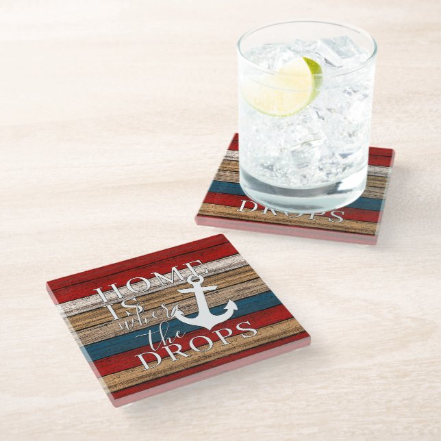 Artsy Home is Where the Anchor Drops Word Art Glass Coaster (Angled)