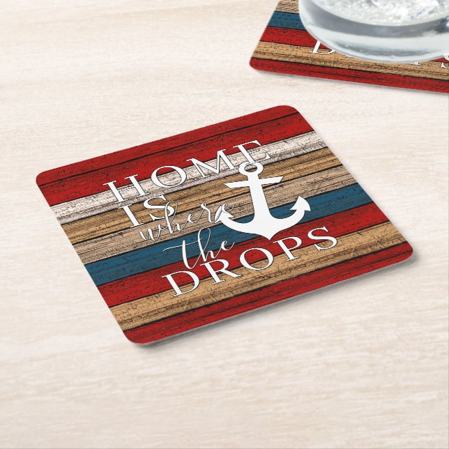 Artsy Home is Where the Anchor Drops Word Art Square Paper Coaster (Angled)