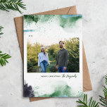 Artsy Merry Christmas 3 Photo Holiday Card<br><div class="desc">Modern custom printed Christmas photo cards with a simple DIY template for customization. This artsy design has an abstract paint splatter background in shades of green and blue. Add your family photo, personal greeting, names and the year. Use the design tools to edit the fonts and colours. Reverse side has...</div>