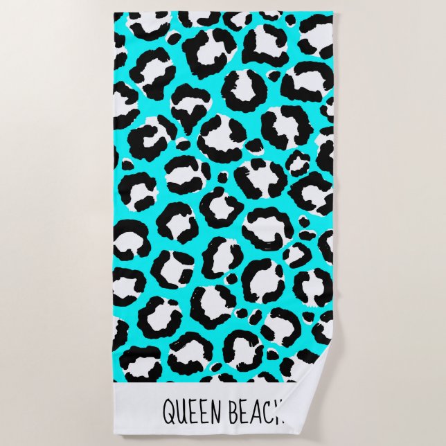 Artsy Modern Cyan Blue Leopard Animal Print Beach Towel (Front)