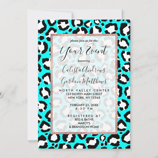 Artsy Modern Cyan Blue Leopard Animal Print Invitation (Front)