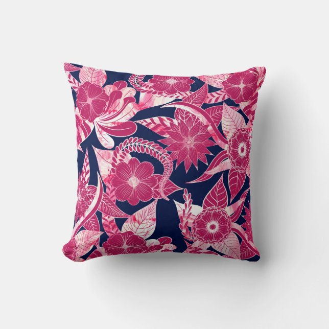 Artsy Modern Fuschia Navy Acrylic Floral Leaves Throw Pillow (Front)