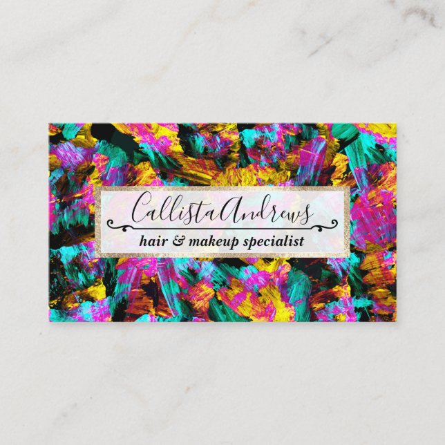 Artsy Modern Neon Colours Black Abstract Paint Art Business Card (Front)