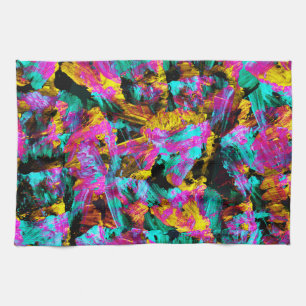 Artsy Modern Neon Colours Black Abstract Paint Art Kitchen Towel