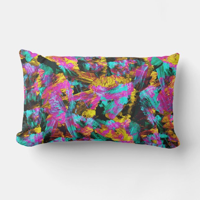 Artsy Modern Neon Colours Black Abstract Paint Art Lumbar Pillow (Front)