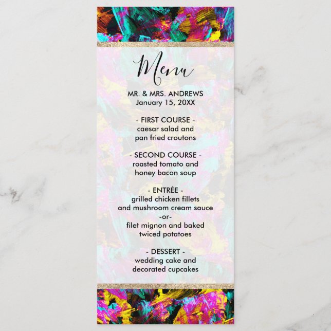 Artsy Modern Neon Colours Black Abstract Paint Art Menu (Front)