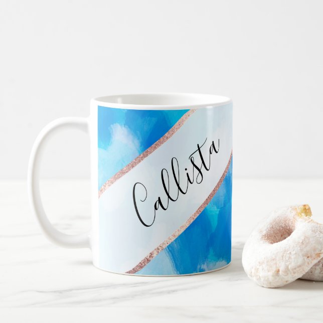 Artsy Modern Ocean Blue Abstract Paint Pattern Coffee Mug (With Donut)
