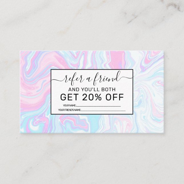 Artsy Modern Pink Blue Marble Swirl Pattern Referral Card (Front)