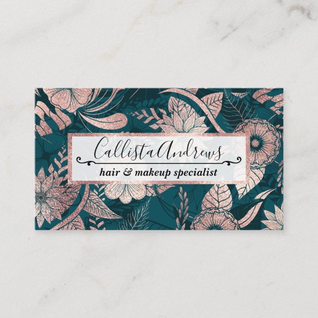 Artsy Modern Rose Gold Emerald Green Flowers Business Card (Front)