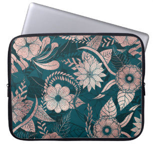 Artsy Modern Rose Gold Emerald Green Flowers Laptop Sleeve