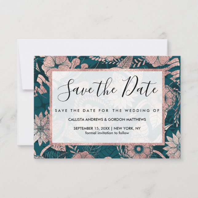 Artsy Modern Rose Gold Emerald Green Flowers Save The Date (Front)